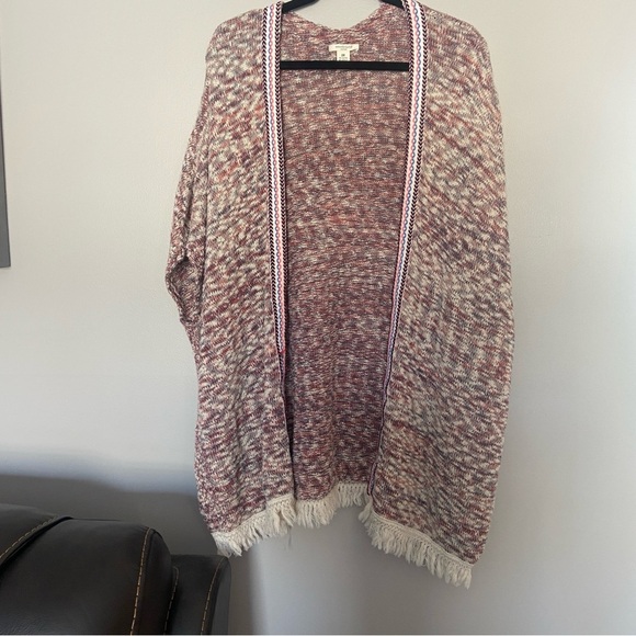 Westbound Sz 2X Muted Multicolor Knit Shawl Cardigan Poncho Fringed Tribal Trim - Picture 1 of 10